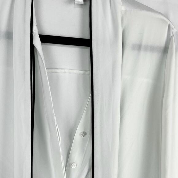 Express White Tie Neck Blouse Black Piping Long Sleeve Silky Small - Picture 10 of 13